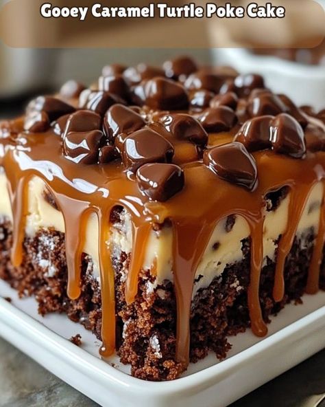 Gooey Caramel Turtle Poke Cake, Salted Caramel Turtle Pie, Carmel Turtle Poke Cake, Caramel Turtle Poke Cake, Turtle Caramel Cake, Turtle Dessert Recipes, Turtle Cake Recipe, Chocolate Turtle Poke Cake, Turtle Poke Cake