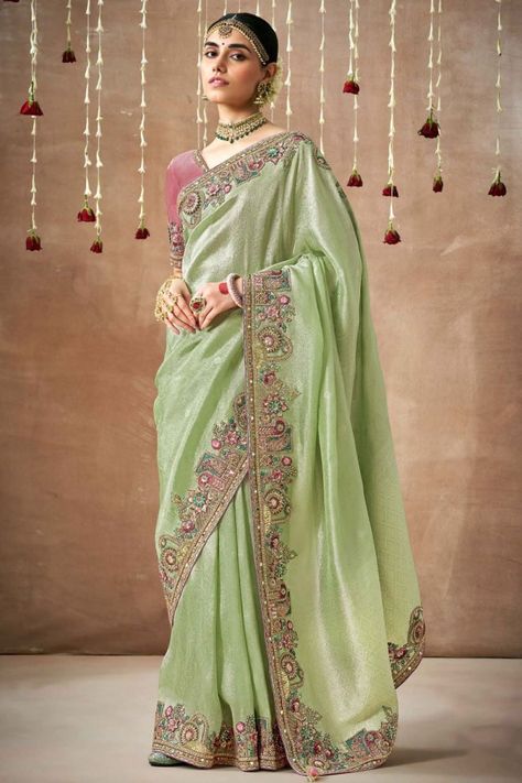 Pista Green Organza Silk Designer Saree Engagement Saree, Crepe Silk Sarees, Organza Silk Saree, Indian Silk Sarees, Wedding Saree Indian, Designer Sarees Online, Green Saree, Embroidery Saree, Art Silk Sarees