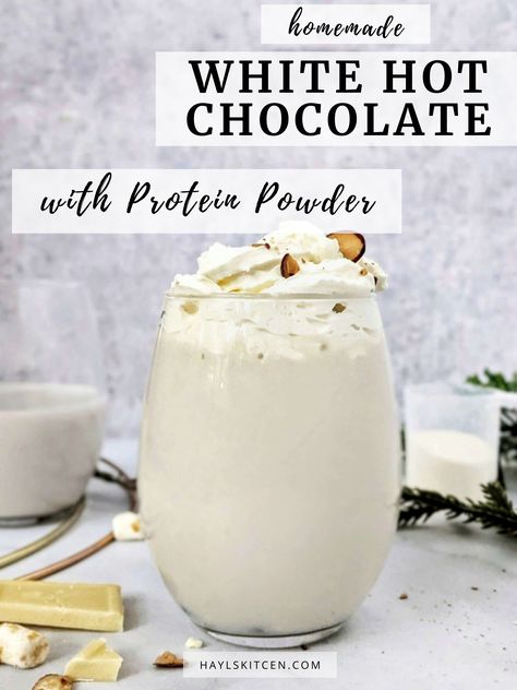 A luscious Homemade White Hot Chocolate made with Protein Powder! This healthy protein white hot chocolate uses vanilla protein powder as well as white chocolate for the perfect creamy texture, with a lot lesser calories!

#proteinhotchocolate #proteindessert #hotchocolate White Chocolate Protein Shake, Hot Chocolate Protein Shake, Vanilla Protein Powder Smoothie, Homemade White Hot Chocolate, Protein Powder Smoothie Recipes, Hot Chocolate Protein, Protein Powder Smoothie, Hot Drinks Recipes, Chocolate Protein Shakes