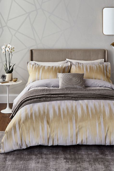 Grey And Gold Bedroom, Gold Bedding Sets, Gold Bedding, Gold Bed, Big Beds, Bedding Ideas, Gold Bedroom, Wingback Headboard, Cotton Duvet Cover