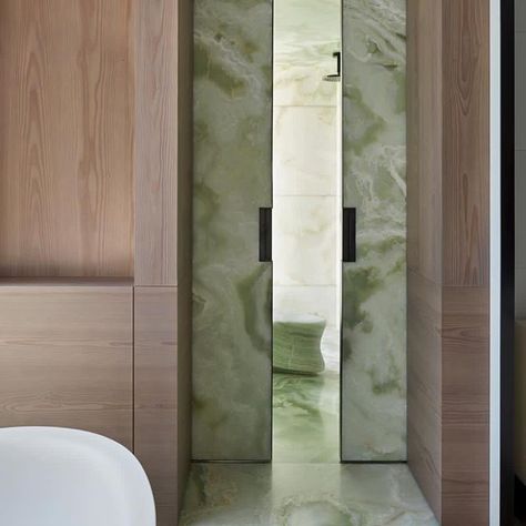 Green Onyx Bathroom, Christian Liaigre Interiors, Onyx Bathroom, Stairs And Doors, Christian Liaigre, Modern Deco, Arched Doors, Boho Interiors, Bathroom Top