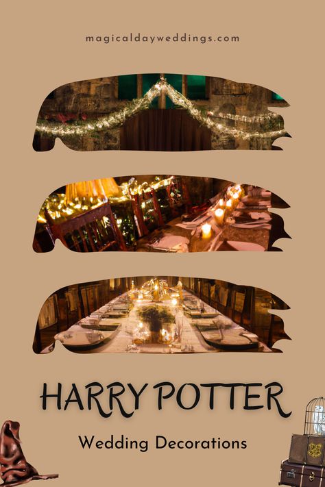 Are you looking to plan a Harry Potter themed wedding? The Harry Potter world is filled with a range of aesthetic decorations, so whether you want a decadent wedding with subtle references to the wizarding world, or if you want to turn the venue into Hogwarts itself, there’s so much to choose from. Here we present 14 Harry Potter wedding decorations ideas for the most magical wedding! Click the link below to learn more. Harry Potter Theme Wedding Ideas, Rustic Harry Potter Wedding, Harry Potter Wedding Proposal, Harry Potter Wedding Aesthetic, Harry Potter Centerpiece Ideas Weddings, Harry Potter Aesthetic Wedding, Harry Potter Bouquet Wedding, Elegant Harry Potter Wedding, Subtle Harry Potter Wedding