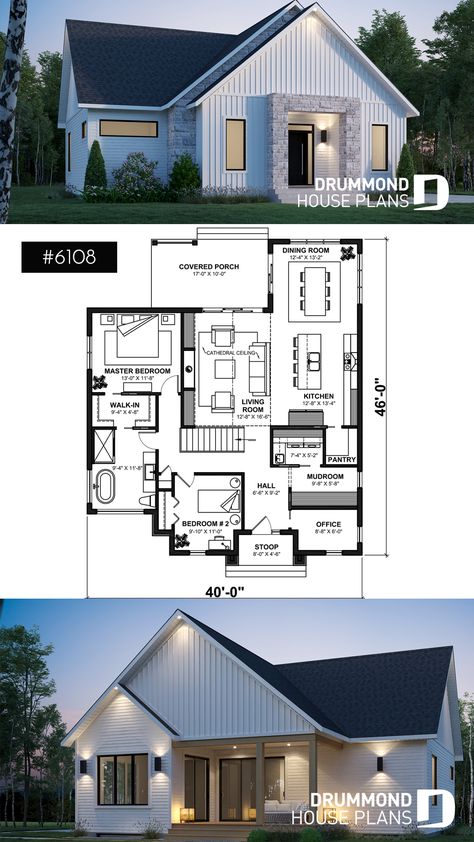 Modern Scandinavian house plan with 2 bedrooms + den, master suite, pantry, mudroom 2 Bedroom Master Suite House Plans, Small Four Bedroom House Plans, Scandinavian Floor Plans, Small Scandinavian House, Modern Scandinavian House Plans, Modern Farmhouse Floor Plans, Scandinavian House Plan, Scandinavian House Plans, House Plans 2 Bedroom