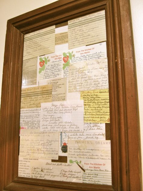 I made this collage out of some of the handwritten recipes from each woman in my family. Frame Old Recipes, Old Recipe Display Ideas, Recipe Display Ideas, Old Wood Kitchen, Recipe Display, Framed Recipes, Crafts For Teens To Make, Handwritten Recipes, Food Displays