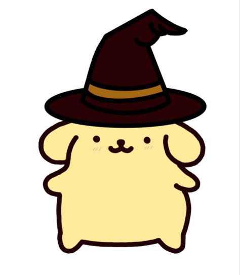 Purin one of the Hello kitty characters. A golden retriever that is yellow, and it’s Halloween themed, so Purin is wearing a witch hat! Kawaii Fall Drawings, Pom Pom Purin Tattoo, Pom Pom Purin Drawing, Pompompurin Pumpkin Carving, Purin Drawing, Pompompurin Pumpkin, Halloween Pompompurin, Pompompurin Drawing, Pompompurin Halloween