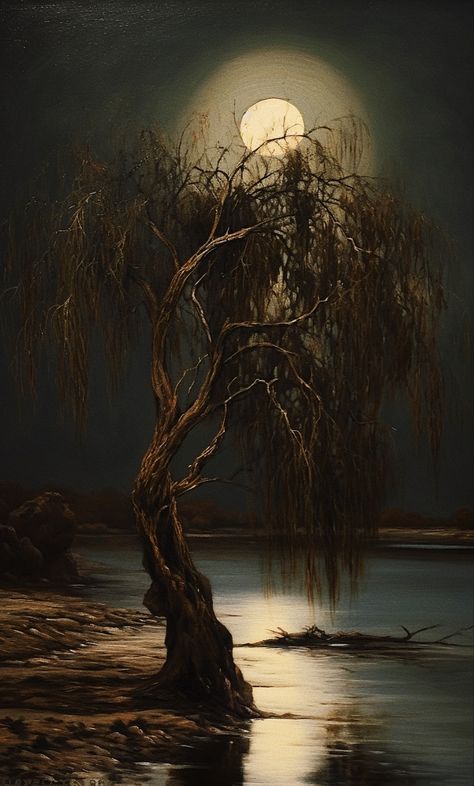 Dark Trees Painting, Creepy Tree Painting, Dark Tree Painting, Tree Aesthetic Painting, Weeping Willow Tree Aesthetic, Weeping Willow Tree Painting, Weeping Willow Painting, Annabell Lee, Willow Tree Photography