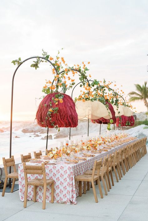 Mexico Themed Wedding, Colored Chandeliers, Pastel Centerpieces, Welcome Table Wedding, Chandelier Centerpiece, Hotel Balcony, Table Spread, Beach Club Wedding, Welcome Dinner