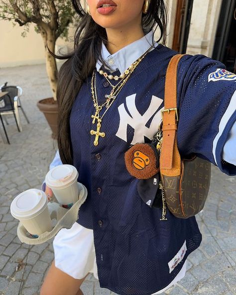 GO on my tik tok:0verl00ked #outfit #streetwearoutfitsmen #baggyoutfit #outfitinspo #streetwear #fashion #baggy #outfitmen Yankee Jersey Outfit Woman, Baseball Jersey Outfit Aesthetic, Skirt Outfits Street Style, Cute Jersey Outfits, Basketball Jersey Outfit Women, Oversized Jersey Outfit, Style A Jersey, Jersey And Skirt, Jersey Outfit Ideas