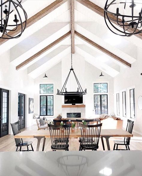 White, Black, and wood tones are our favorite. Classic, not fussy, modern farmhouse at its best. If you could have one thing in this room,… Build Your Own House, Wood Beams, Fireplace Design, Living Room Grey, Vaulted Ceiling, Open Concept, Living Room Inspiration, Home Fashion, Luxury Interior Design