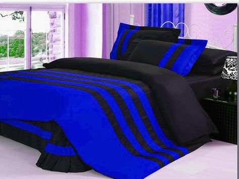 Royal Blue Bedding, Blue Bed Sheets, Black Duvet, Dorm Design, Apartment Checklist, Black And White Quilts, Luxurious Bed, Designer Bedding Sets, Bedroom Black