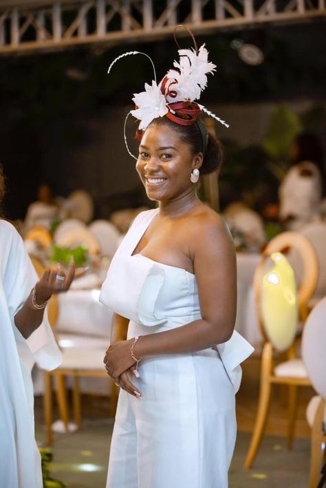 White jumpsuit & a tough of burgundy White Fitted Fascinator For Party, White Party Fascinator, Luxury Fitted White Fascinator, Elegant White Bow Fascinator, Luxury White Headband Fascinator, Nigerian Weddings, Fascinator Hairstyles, All White Outfit, White Jumpsuit