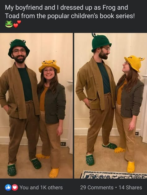 Mr Frog And Mr Toad Costume, Frog And Toad Couples Costume, Halloween Costume Nonbinary, Frog And Toad Cosplay, Frog And Toad Halloween Costume, Queer Couples Costumes, Nonbinary Halloween Costumes, Silly Couples Costumes, Couple Costume Ideas Unique Diy