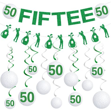 PRICES MAY VARY. 50th Birthday Decorations: The set includes 14pcs 50th birthday party decorations, 2pcs glittering green banners, designed with the word "FIFTEE", golfing equipment and scenes; 12pcs mini golf spindles of different sizes, with numbers on the cards "50", highlight your birthday party theme. Golf Birthday Party Decorations: Enjoy your 50th golf-themed birthday party! Banner and swirl party decorations are suitable for indoor or outdoor use. The glittering material and chic design Party Decorations 50th Birthday, 50th Birthday Decorations For Women, Bday Party Decorations, 40th Birthday Men, 40th Birthday Party Decorations, Birthday Decorations For Men, 50th Birthday Party Decorations, Golf Birthday Party, 50th Birthday Decorations