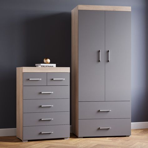 BASIC FREE eBay Template by Finest Design GREY & Sonoma Oak 2 Door Wardrobe & 4+2 Chest of Drawers Bedroom Furniture 6 Set PERTH 2 Door 2 Draw... Check more at https://graysonchambers.co.uk/product/grey-sonoma-oak-2-door-wardrobe-42-chest-of-drawers-bedroom-furniture-6-set/ Almirah Design, Chest Bedroom, Almirah Designs, Grey Drawers, Chest Of Drawers Bedroom, Drawers Bedroom, Double Wardrobe, Wardrobe Organisation, Tall Boy