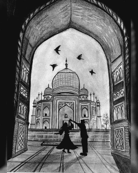 Taj Mahal Sketch Pencil, Taj Mahal Couple, Easy Couple Drawings, Couple Cartoon Drawings, Taj Mahal Sketch, Couple Dancing Drawing, Taj Mahal Drawing, Taj Mahal Art, Dancing Drawing