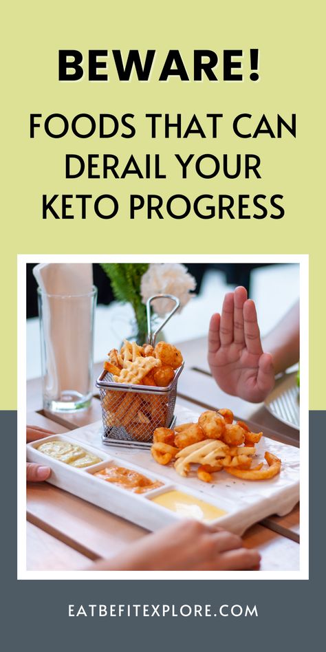 Graphic with the text "Beware! Foods That Can Derail Your Keto Progress." Keto For Women, Keto Journey, Keto Tips, Keto Food List, Eating Plan, Foods To Avoid, Unhealthy Food, Keto Diet For Beginners, Keto Breakfast