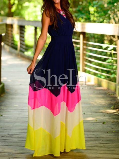 Navy Yellow Sleeveless Color Block Maxi Dress 20.99 Maxi Skirt Dress, Maxi Dresses Casual, Boho Casual, A Dress, Sewing Hacks, Street Fashion, Pretty Dresses, Spring Summer Fashion, Cute Dresses