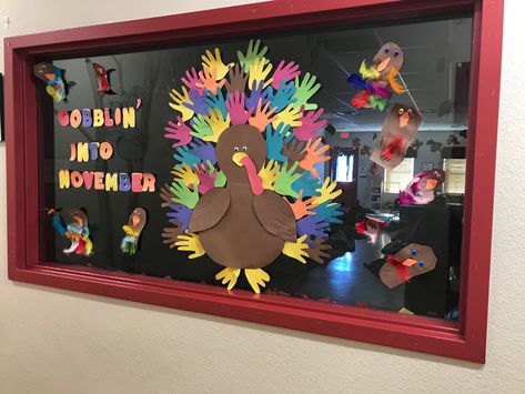 Thanksgiving Window Display Preschool, November Window Display Preschool, November Window Display, Thanksgiving Window Display, Classroom Window Display, Thanksgiving Window Decorations, Hand Print Turkey, Classroom Window Decorations, Halloween Windows