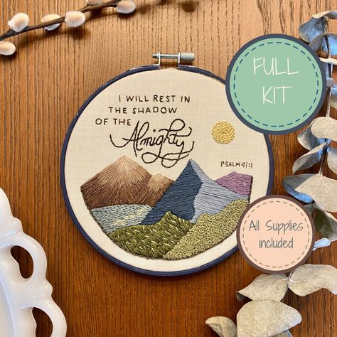 "This kit has ABSOLUTELY EVERYTHING you need to complete this project! **No need to go to the store 🏔Whoever dwells in the shelter of the Most High will rest in the shadow of the Almighty. Psalm 91:1 This beautiful mountain landscape reminds us that we are safe in the arms of our Creator and Lord. This pattern is ideal for absolute beginners as well as experienced embroiderers.  Detailed instructions guide you from start to finish. What's included? fabric for stitching backing fabric 6\" hoop full and partial skeins of thread, with plastic bobbins for organization size 5 embroidery needle  transfer pen to trace your design (heat erasable) - optional add on crane embroidery scissors - optional add on  QR code link to PDF with detailed instructions, pattern, & stitching guide links to instr Scripture Cross Stitch, Psalm 91 1, Christian Embroidery, Shadow Of The Almighty, Diy Broderie, Diy Embroidery Kit, Psalm 91, Embroidery Scissors, Embroidery Needles