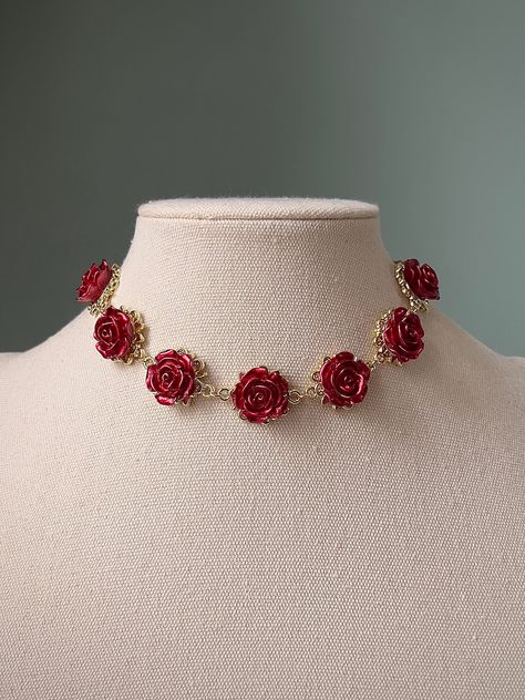 Regency Princess, Coquette Cottagecore, Cottagecore Jewelry, Rose Choker, Flower Choker Necklace, Princess Necklace, Flower Choker, Red Rose Flower, Necklace Elegant