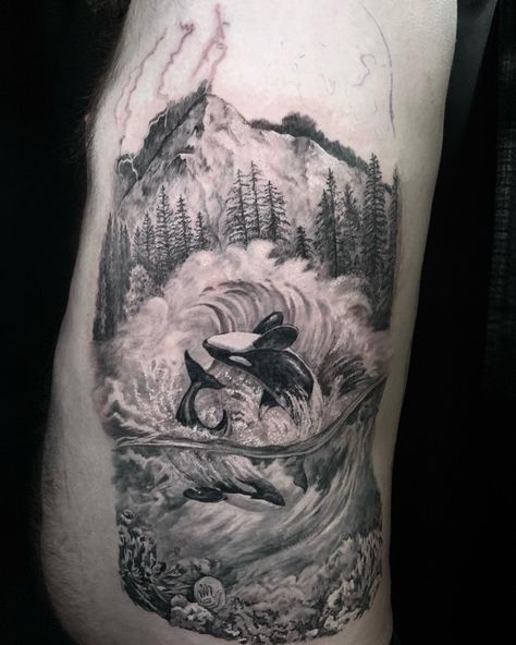 Whale And Mountain Tattoo, Realistic Whale Tattoo, Black And White Ocean Tattoo, Wilderness Tattoo, River Tattoo, Themed Tattoos, Whale Tattoo, Ocean Tattoo, Mountains And Trees