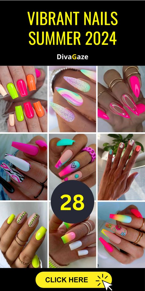 28 Vibrant Nails for Summer 2024: Dazzle with Trends & Colors! - divagaze.com Colorful Nail Ideas Acrylic, Neon Butterfly Nails, Bright Spring Nails 2024, Hot Pink Nail Designs Summer, Almond Summer Nails Design, Neon Square Nails, Almond Nail Designs Trending Now, May Nail Designs, Vibrant Nail Colors