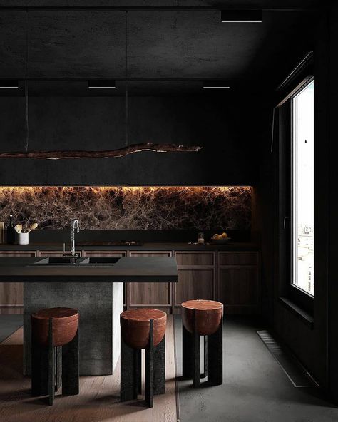 28 Likes, 0 Comments - Architecture Desires (@architecture.desires) on Instagram: “🔖 #architecture_desires Dark kitchen interior with amazing marble at back side ........ 📌 Tag…” Creative Kitchen Backsplash, Bold Kitchen, Modern Kitchen Ideas, Dark Elegance, Sleek Kitchen, Dark Kitchen, Range Cooker, Dark Interiors, Stunning Kitchens