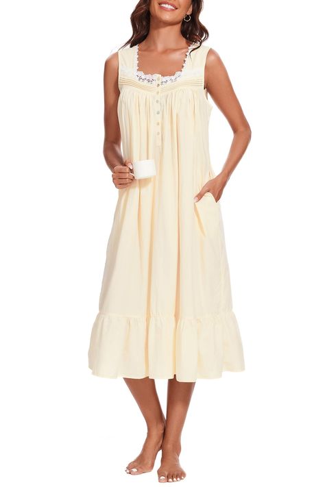 PRICES MAY VARY. Women's nightgowns is made 100% Cotton. Lightweight, breathable, comfy and flattering. Soft to the touch and allows for comfortable and free movement. It's the perfect victorian nightgown to wear at night in the summer. Cotton sleepwear for women features: pintucked, lace collar, beautiful victorian style subtle ruffles detailing decorationfor an extra fancy touch.Two functional patch pockets on each side of the cotton nightgown, are perfect for keeping carrying keys, mobile pho Eileen West Nightgowns, Vintage Pajamas Women, Granny Nightgown, Night Shirts For Women, Sleepwear Women Nightgowns, Maternity Nightgown, Victorian Nightgown, Nightgown Lingerie, Delivery Gown