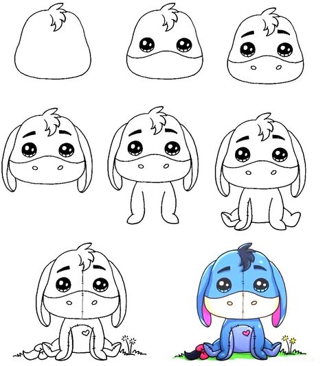 Disney Drawings Easy Step By Step Cartoon Characters, Cartoon Drawings Disney Step By Step, Step By Step Drawing Disney, Eeyore Drawing Easy, Disney Doodles Simple Step By Step, Eeyore Drawing Easy Step By Step, How To Draw Thumper Step By Step, Disney String Art, Disney Character Sketches