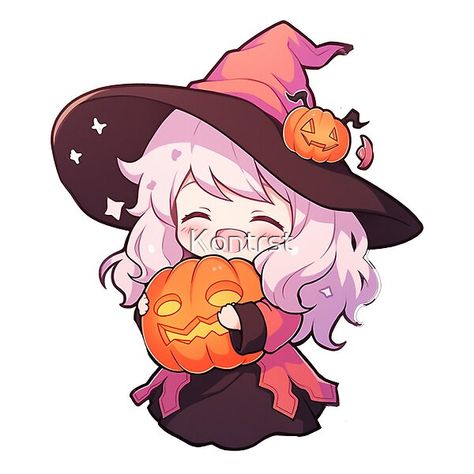 This cute sticker features a joyful pink-haired witch holding a pumpkin and wearing a pink hat adorned with a jack-o-lantern. Capture some bubbly magical spirit this Halloween season with this upbeat kawaii decoration perfect for laptops, journals, lockers Kawaii Witch Hat, Chibi Halloween Art, Cute Anime Witch, Chibi Pumpkin, Bujo Sketches, Chibi Witch, Manga Halloween, Cutesy Halloween, Kawaii Witch