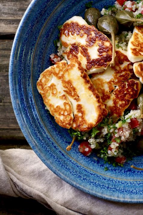 seared Halloumi Seared Halloumi, Baked Halloumi, Halloumi Cheese, Grilled Halloumi, Tomato Relish, Grain Salad, Plum Tomatoes, Quinoa Salad, How To Cook Quinoa