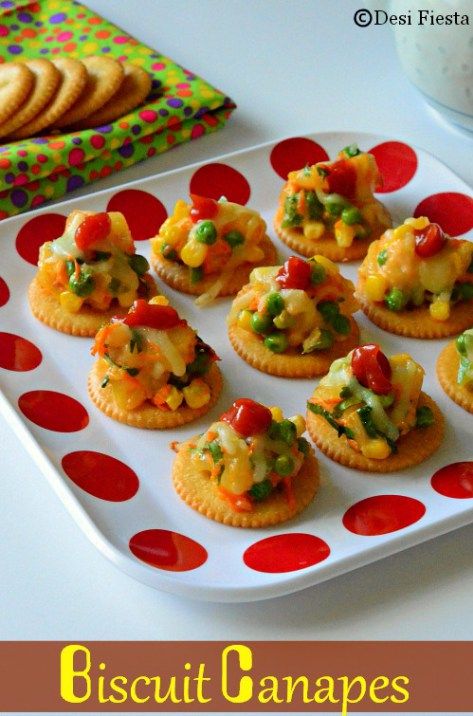 Biscuit Canapes With Vegetable Topping | Monaco Canapes Recipes| How To make Biscuit Canapes? - Desi Fiesta Pancakes In Oven, Cooking Recipes Veg, Veg Starter Recipes, Oven Pancake, Healthy Pancake, Canapes Recipes, Veg Snacks, Indian Appetizers, Quick Healthy Snacks