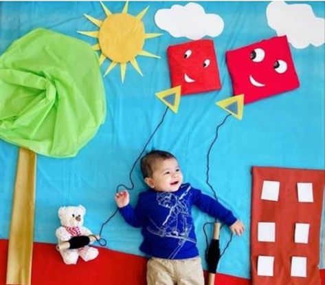 Kite Theme Baby Photoshoot, Sankranthi Theme Baby Photoshoot, Makar Sankranti Baby Photoshoot, Diy Kite Decorations, Monthly Photoshoot, Baby Birthday Photoshoot, Baby Boy Newborn Photography, Baby Milestones Pictures, Baby Christmas Photos