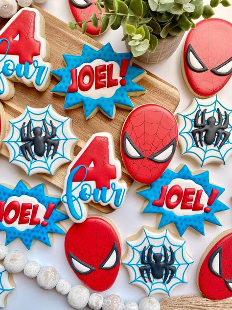 Spiderman Cookies Decorated Birthday, Spider Man Royal Icing Cookies, Spidey Birthday Cookies, Spider Man Birthday Cookies, Spidey And His Amazing Friends Birthday Cookies, Spiderman Cookies Royal Icing, Spiderman Birthday Cookies, Spidey And Friends Cookies, Spider Man Cookies Decorated