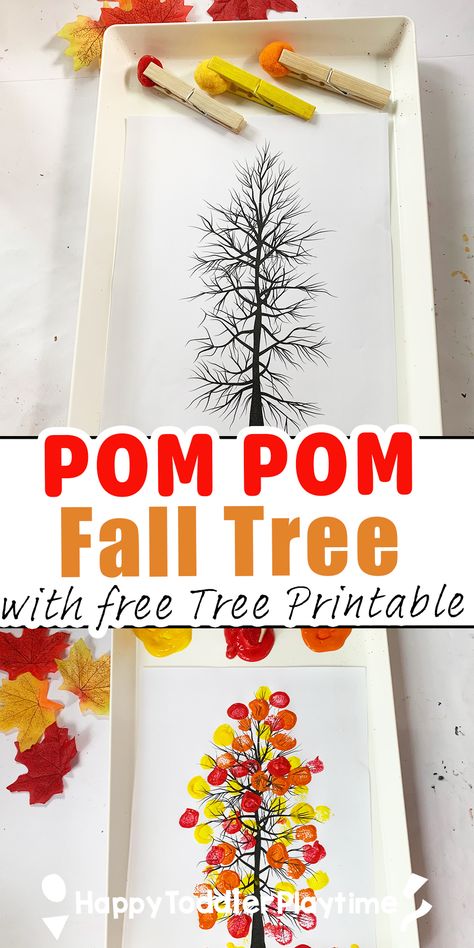 Pom Pom Fall Tree Craft with Free Tree Printable - Happy Toddler Playtime Tree Small Group Activities, Fall Tree Craft, Activities Director, Fall Activities For Toddlers, 2023 Crafts, Tree Printable, Fall Arts And Crafts, Tree Study, Halloween Activity