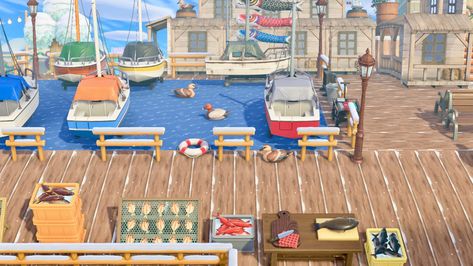 Acnh Fisherman, City Acnh, Acnh Coastal, Animal Crossing Fish, Boat Marina, City By The Sea, Acnh Design, Acnh Designs, Acnh Codes