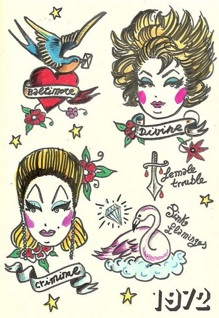 Divine, Pink Flamingos as old school tattoos Divine Pink Flamingos, Hawaiian Tattoos, Flamingo Tattoo, Tattoo Me, Movie Tattoo, Queen Tattoo, Witch Tattoo, Hawaiian Tattoo, John Waters