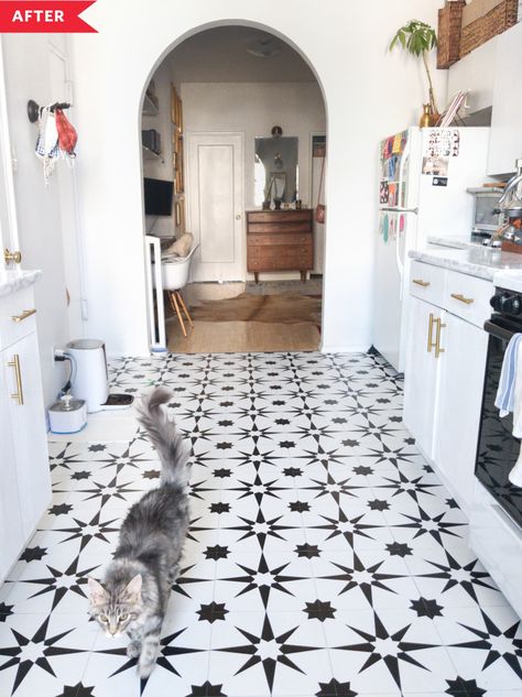 Railroad Apartment, Kitchen Looks, Faux Tiles, Rental Kitchen, Kitchen Diy Makeover, White Tile Floor, Nyc Design, After 4, White Floors