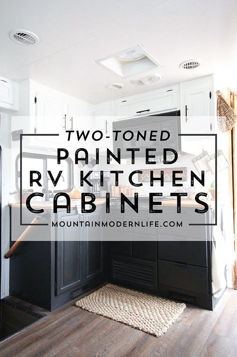 Planning to paint your tiny kitchen and considering using black? Check out these two-toned painted RV kitchen cabinets! Rv Kitchen Cabinets, Paint Rv, Rv Cabinets, Rv Redo, Diy Camper Remodel, Renovation Budget, Rv Kitchen, Black Kitchen Cabinets, Rv Renovations