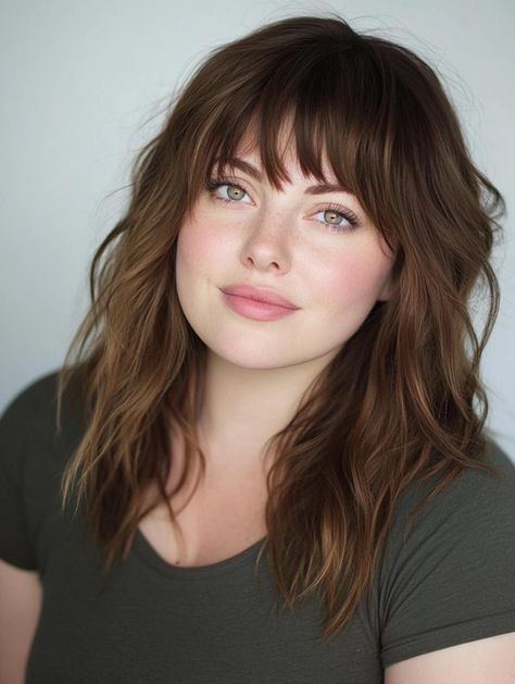 Flattering Bangs Styles for Round Faces: Trendy Looks to Try in 2024 Bangs Plus Size Face, Plus Size Long Hair, Plus Size Haircut, Flattering Bangs, Best Bangs, Trendy Bangs, Bangs And Glasses, Bangs Styles, Pinterest Haircuts