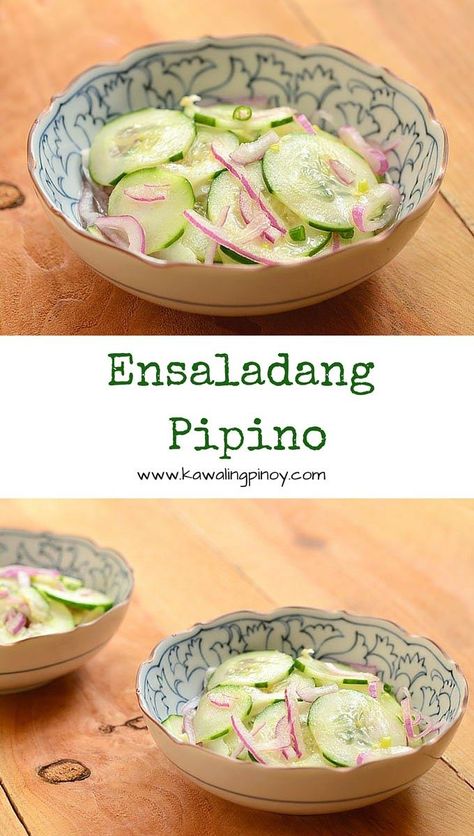 Ensaladang Pipino is a Filipino-style salad made with sliced cucumbers and red onions dressed in a mixture of vinegar, fish sauce and chili peppers Filipino Salad Vegetables, Filipino Vegetable Side Dishes, Filipino Salad Recipes, Pipino Salad, Filipino Sides, Filipino Side Dishes, Filipino Salad, Philipino Food, Filipino Vegetable Dishes