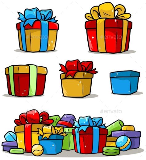 Cartoon Colored Presents and Different Gift Boxes - Vector EPS Gifts Drawing Christmas, Present Box Drawing, Cartoon Christmas Presents, Presents Illustration, Present Cartoon, Christmas Gift Drawing, Present Clipart, Cartoon Present