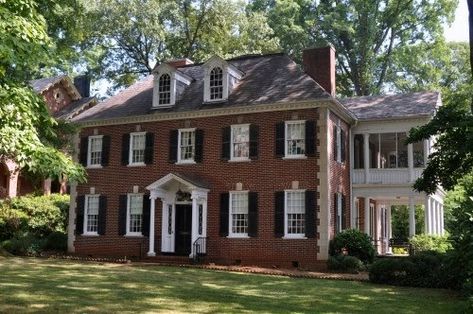 I have loved this beautiful brick house for as long as I can remember.  As a child I loved the details at the eves, the symmetry and the g... Brick Colonial House, Brick Colonial, Colonial House Exteriors, Black Shutters, Colonial Exterior, Red Brick House, Dormer Windows, Casas Coloniales, Black Door