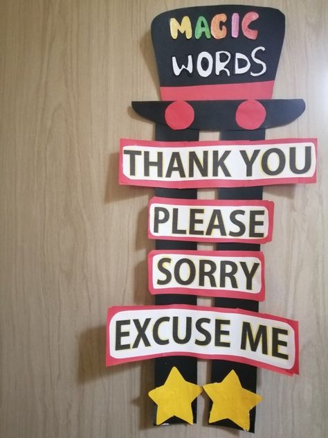 Magical Words For Classroom, Magic Words Chart For Preschool, Magical Words Chart For Kids Classroom, Magic Words For Kids Classroom, Magic Words Classroom Decoration, Teacher Corner Ideas Classroom, English Kindergarten, Preschool Classroom Rules, Elf Classroom