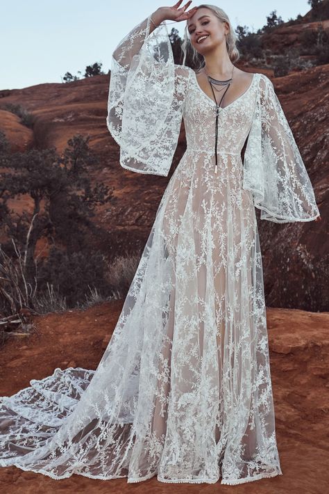 Blanche Bridal, Bell Sleeve Wedding Dress, Boho Lace Wedding Dress, Church Wedding Dress, Calla Blanche, Wedding Gowns Online, Sheer Wedding Dress, Dress 2022, Dream Wedding Ideas Dresses