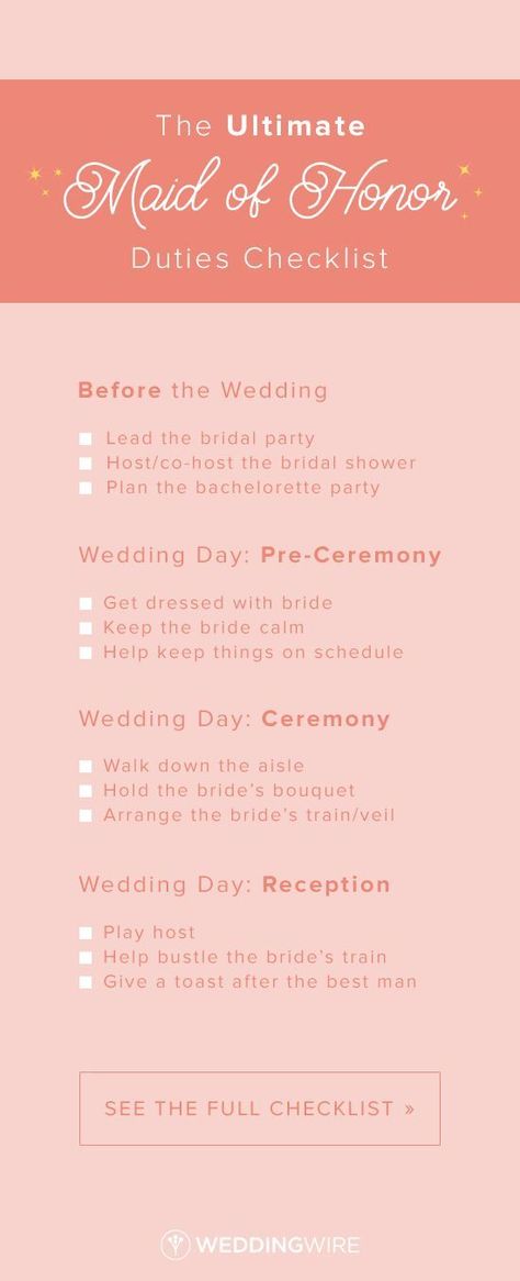 The Ultimate Maid of Honor Duties Checklist - From before the wedding to during the ceremony, here's the ultimate list of maid of honor duties. Maid Of Honor Duties Checklist, Bridesmaid Checklist, Maid Of Honor Duties, Wedding Planning Gifts, Wedding Checklist Timeline, Wedding Maids, Made Of Honor, Maid Of Honor Speech, Bridal Shower Planning