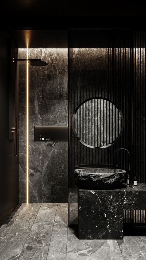 Dark Interior Design, Black And White Bathroom, Luxury Master Bathrooms, Washroom Design, Bathroom Photos, Toilet Design, Dark Interiors, Bathroom Design Luxury, Black Bathroom