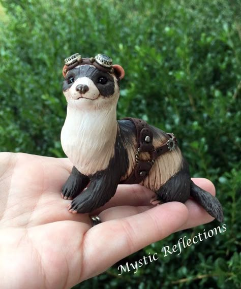 Ferret Clay Sculpture, Polymer Clay Ferret, Steampunk Ferret, Ferret Sculpture, Clay Ferret, Ferret Animal, Ferret Ideas, Ferret Drawing, Homemade Polymer Clay