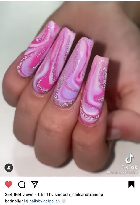 Malibu Barbie Nails, Hot Pink Marble Nails, Glitter Marble Nails, Colorblock Nails, Pink Marble Nails, Marble Acrylic Nails, National Pink Day, Ombre Nails Glitter, Lilac White