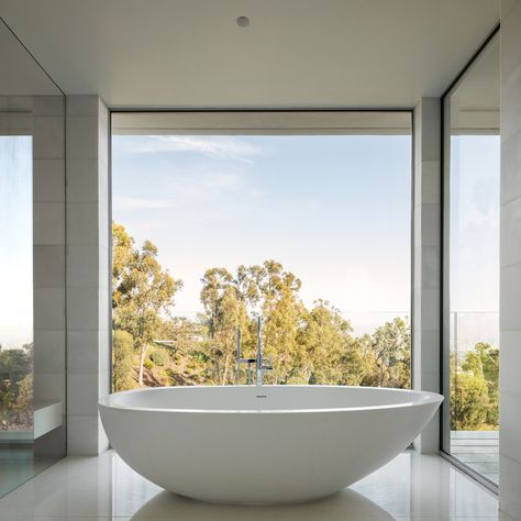 Soaking Tub with a View Tagged: Bath Room and Freestanding Tub.  Photo 13 of 22 in Minimal House One by Tooke Architects, Inc. Bathrooms Minimalist, White Bathrooms, Shower Tiles, Creative Tile, Bathroom Master, Minimal House, Bathroom Luxury, Concrete Bathroom, Master Bathrooms